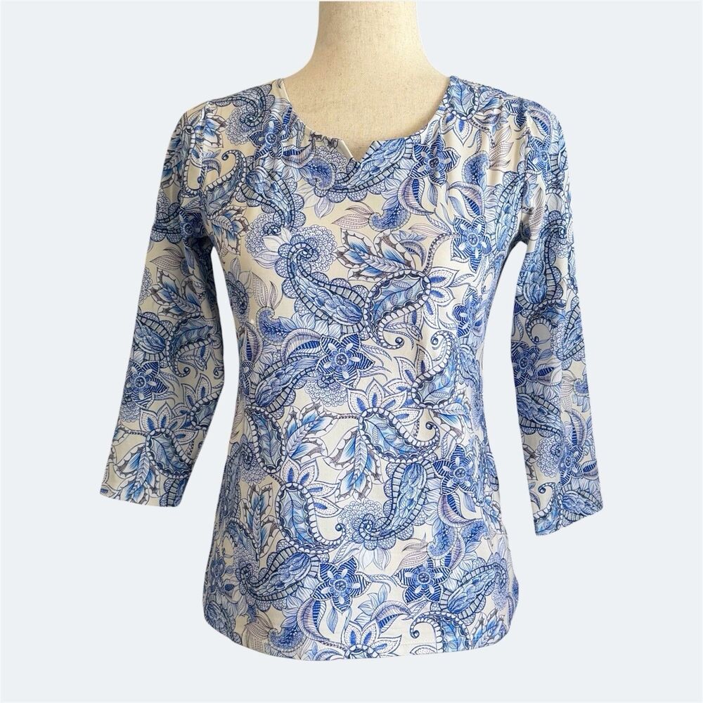Sara Campbell Paisley Top XS Blue White French Romantic Palm Beach Chic Resort